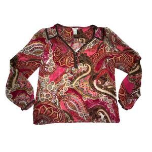 Vintage Y2K Cache Pink & Brown Paisley Long Sleeve Blouse Womens Size M